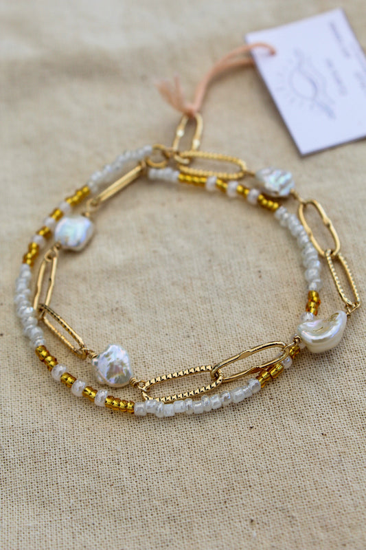 Stacked White Paperclip Pearl Bracelet