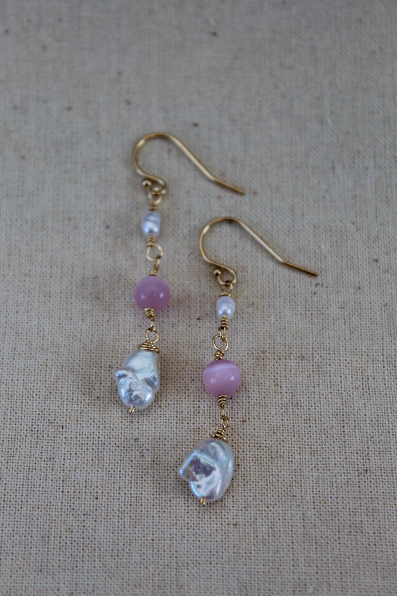 Rose Stone & Pearl Dangle Earrings