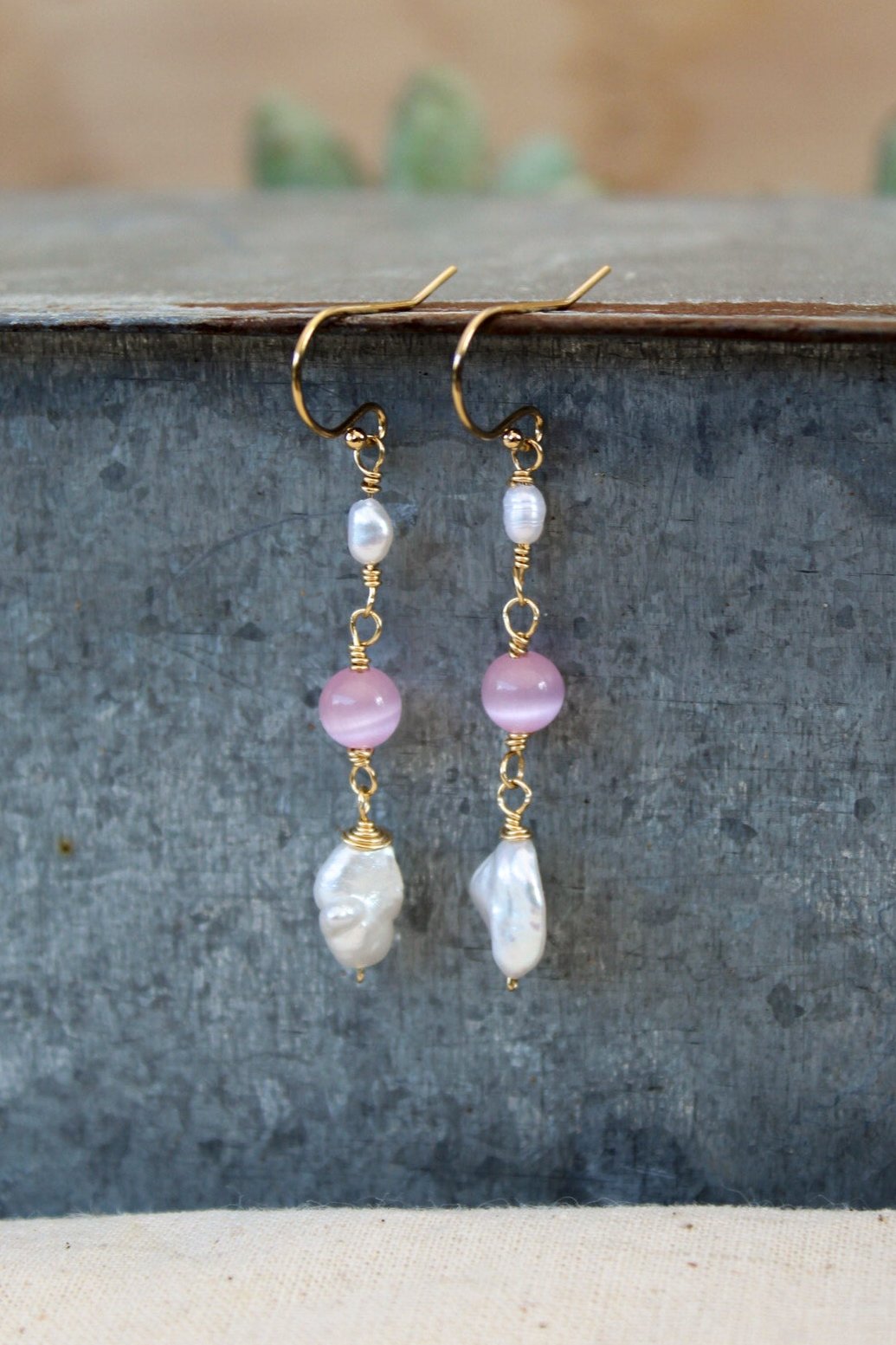 Rose Stone & Pearl Dangle Earrings